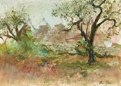 Trulli ve Zeytin Ağacı (sulu boya ve guaj) by Ann Oram