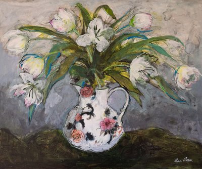 Demir Taş Sürahide Beyaz Laleler, 2019 (Akrilik) by Ann Oram