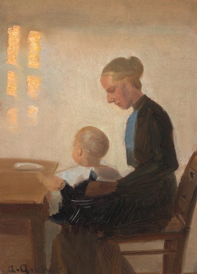 Bir anne ve çocuk ile bir iç mekan. by Anna Ancher