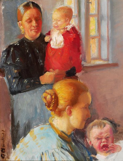Küçük çocuklarıyla birlikte iki genç anne. "Aşılama" için çalışma. by Anna Ancher
