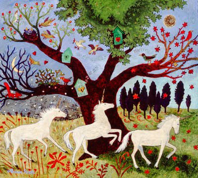 Ağacın yanında 3 tek boynuzlu at by Anna Pugh
