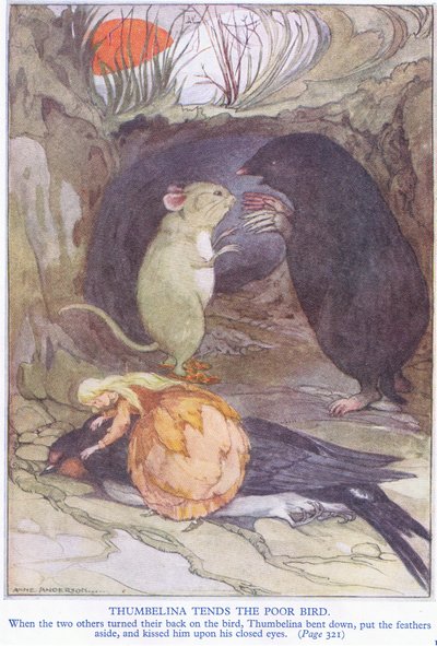 Thumbelina zavallı kuşa yöneliyor by Anne Anderson