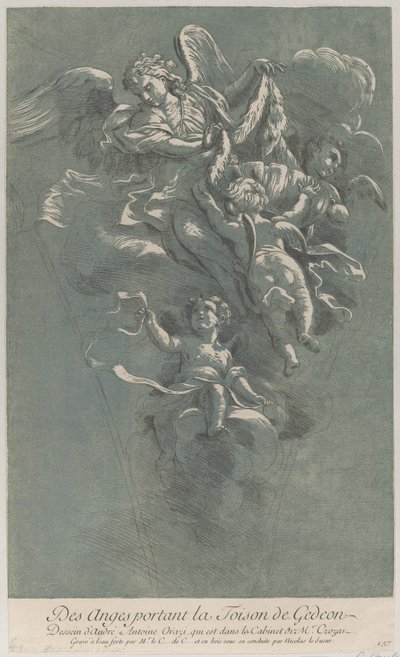 Gideon'un postunu taşıyan üç melek, 'Recueil d'estampes d'apres les plus be..., ca. 1729-64 by Anne Claude Philippe de