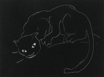 Gece Serisi: Kedi (lito, dokuma kağıt üzerinde beyaz çizgi) by Anne Goldthwaite