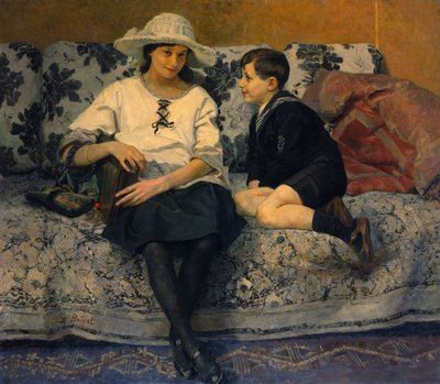 Kanepede Bir Genç Kız ve Bir Genç Erkek (tuval üzerine yağlı boya) by Anne Marie Henriette Brejat