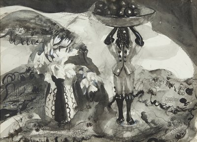Heykelcikli Natürmort (siyah beyaz sulu boya) by Anne Redpath