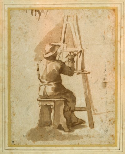 Şövalesinin başında oturan genç bir ressam (kağıt üzerinde tebeşirlerle kalem ve mürekkep) by Annibale (follower of) Carracci