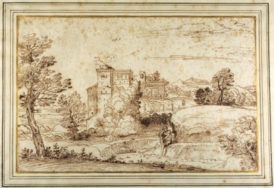 Bir kale ve klasik bir revak kalıntıları (kağıt üzerinde kalem ve kahverengi mürekkep) ile manzara by Annibale (follower of) Carracci