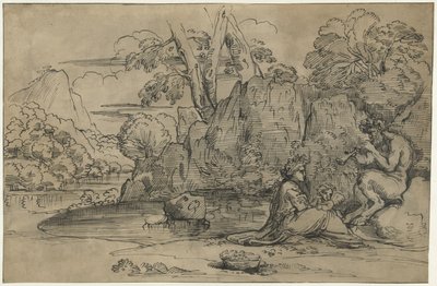 Flüt, kadın ve putto çalan bir satir ile manzara by Annibale Carracci (attributed to)