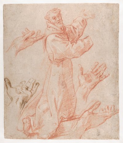Carracci - Üç Çeyrek Görünümde Diz Çökmüş Aziz Francis Figürü ve Elleri İçin Çalışmalar (recto), 1583-85 by Annibale Carracci