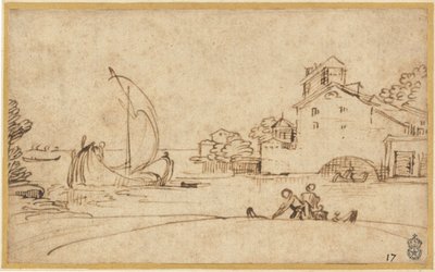 Yelkenli Teknelerle Bir Haliç Tarafından Figürlerle Manzara by Annibale Carracci