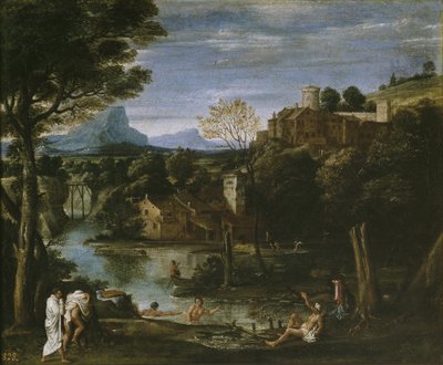 Nehir ve banyo yapanlar ile manzara by Annibale Carracci