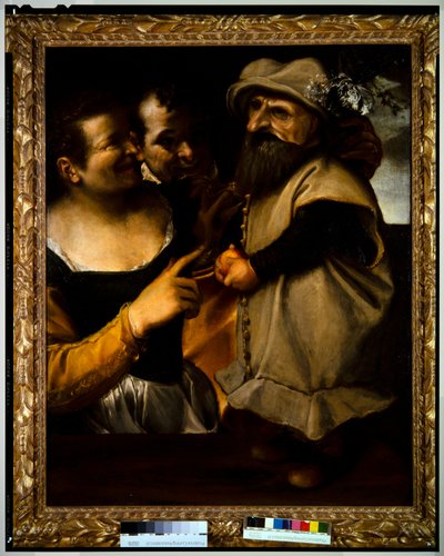 Maskeli Balo Kostümü Giymiş Bir Çocuğa Hayranlık Duyan Kadın ve Erkek, c.1582-85 (tuval üzerine yağlıboya) by Annibale Carracci