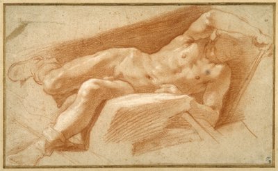 Yaslanmış genç, ayak bileklerine kadar çekilmiş hortumu dışında çıplak poz verdi (kağıt üzerinde kırmızı tebeşir) by Annibale Carracci