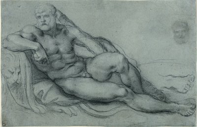 Başı ve Ayağının Ayrı Çalışmalarıyla Birlikte Dinlenen Herkül Çalışması (recto); Dikdörtgen ızgara tasarımı (verso) by Annibale Carracci