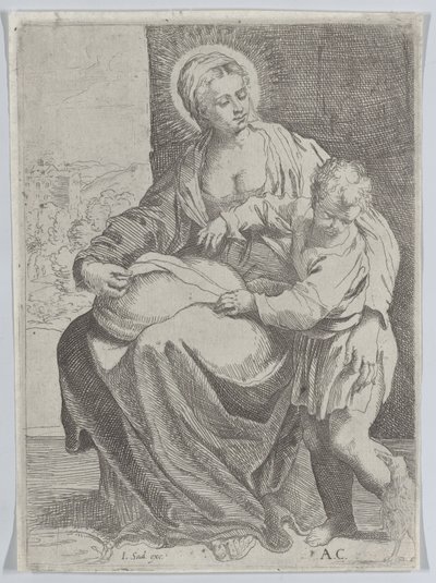 Bakire, kucağında bir yastık tutarak oturuyor ve genç İsa sağda duruyor..., 1580-1600. by Annibale Carracci