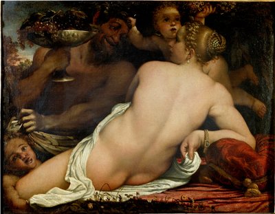 Bacchante, Venüs, satir ve iki aşk tanrısı, detay (tuval üzerine yağlı boya, yaklaşık 1588) by Annibale Carracci