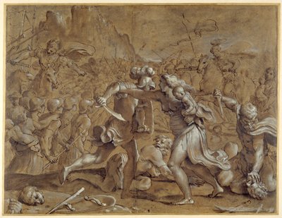 Romalılar ve Sabinler arasındaki savaş (kağıt üzerinde yıkama ve guaj ile kalem ve mürekkep) by Annibale Carracci