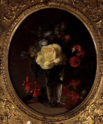 Natürmort Sarı Gül, Mignonette ve Fuşya (gemide yağ) by Annie Feray Mutrie
