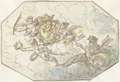 Silah ve nehir tanrısı ile putti ile alegori by Anonymous