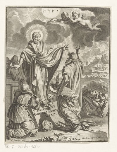 İsa, Musa ve diz çökmüş figür ile alegorik temsil Başlık sayfası: Frans Burman, Theology, 1697 by Anonymous
