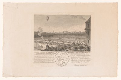Ballonvlucht kapısı burada Charles en Robert van Parijs naar Beaumont, gezien vanaf de Tuilleriën, 1 aralık 1783 İkinci uçak yolcuları veya Experience of MM. Charles ve Robert, 1 Aralık'ta Paris'te Tuilleries kraliyet bahçesinin parterinde yapıldı. by Anonymous