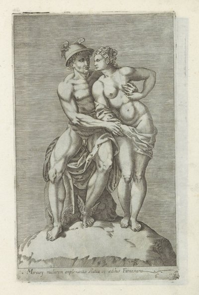 Beeldengroep Mercury en een godin ile tanıştı Farnesian evinde heykeli kucaklayan Merkür kadın (nesnedeki başlık) Roma