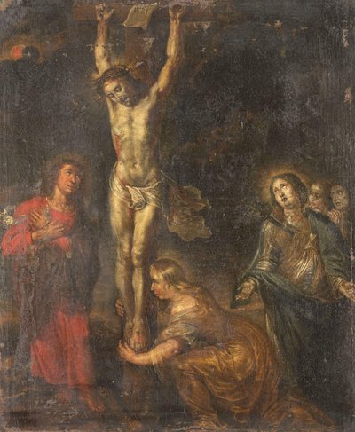 Çarmıhta İsa, Acıların Annesi ve Azizler Evangelist John ve Mecdelli Meryem ile by Anonymous