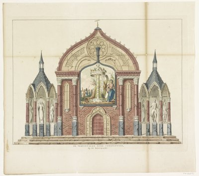 Eski Anayasanın İmhası, Botermarkt'ta dekorasyon, 1795 Tahrip Edilmiş Eski Anayasa, Botermarkt'ta 1795'te Amsterdam'daki Alliantiefeest'te on beş dekorasyon (dizi başlığı) by Anonymous