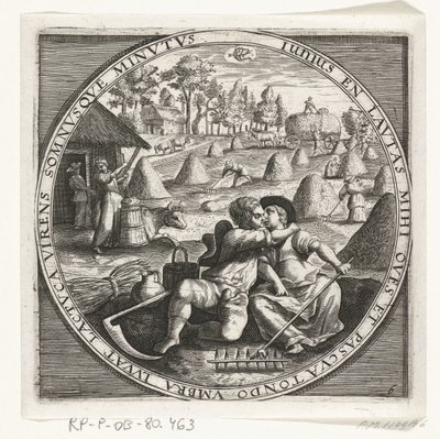 De maand juni, hooimaken, ca. 1600 De twaalf maanden van het jaar verbeeld in scènes uit het volksleven (dizi başlığı) 12 aylık operasyonların rakamları ve zodyak işaretlerinin uygulanması, dört bölüme ayrılmıştır (nesne üzerinde seri başlığı) by Anonymous