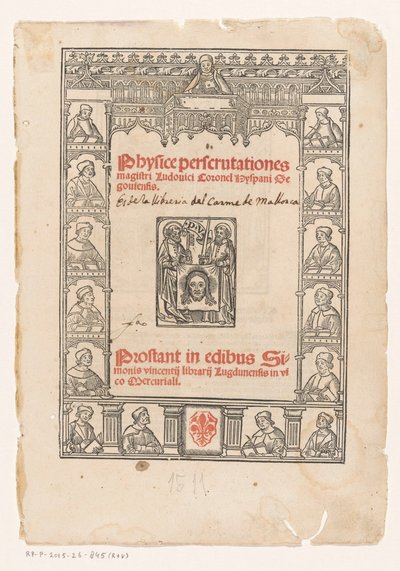 On beş bilim adamı ile dekoratif çerçeve Başlık sayfası: Luis Coronel, Physice perscrutationes, 1511 by Anonymous