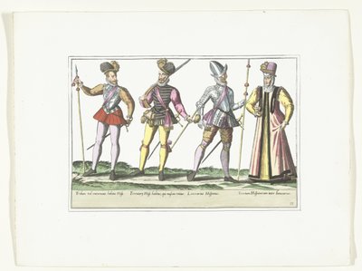 Üniformalı üç İspanyol askeri ve bir pazarlamacı, 1580 dolayları Kostümler Militaires Espagnols (nesne üzerindeki başlık) by Anonymous