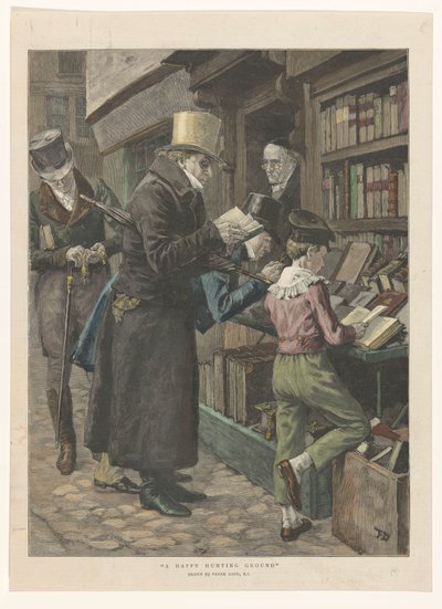 Üç adam ve bir çocuk bir kitapçının önünde sergileniyor, sahibi kapıda Mutlu bir avlanma yeri (nesnedeki başlık) by Anonymous