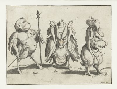 Üç Canavar Bir çerçeve çizgisiyle çevrili grotesk figürler (seri başlığı) by Anonymous