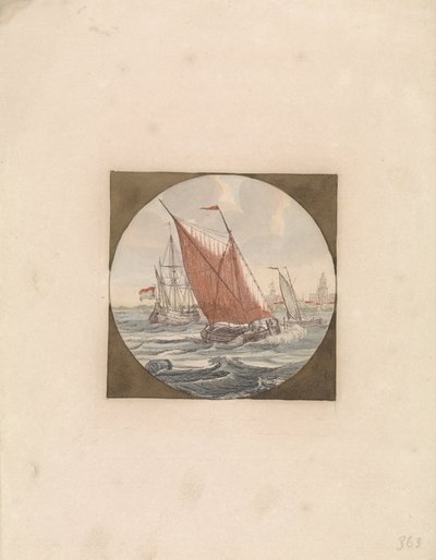 Denizde üç yelkenli gemi ve sahilde bir şehir Denizde Gemiler (seri B) (seri başlığı) by Anonymous