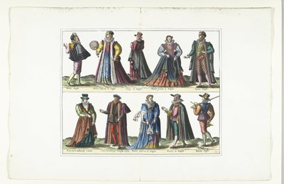 İngiliz tarzında giyinmiş beş erkek ve beş kadından oluşan çift plaka, yaklaşık 1580 Kostümler Türkçe (nesne üzerindeki başlık) by Anonymous