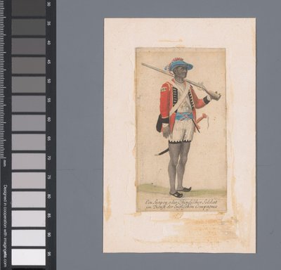 İngiliz Doğu Hindistan Şirketi Ein Seapoy'un hizmetinde siyah bir asker, oder Ostindischer Soldat im Dienst der Englischen Compagnie (nesnedeki başlık) by Anonymous