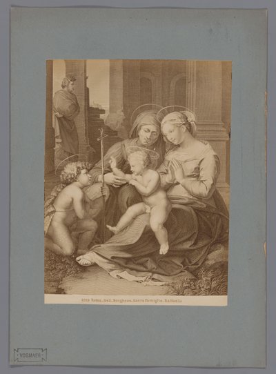 Raphael Roma'nın Kutsal Aile tablosundan sonraki bir gravürün fotoğraflı reprodüksiyonu. Safra. Borghese. Sacra Familia. Raffaello (nesne üzerindeki başlık) by Anonymous