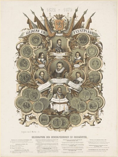 Orange Prensi William I, oğulları Maurits ve Frederik Hendrik, Orange Prensleri, kardeşleri Lodewijk, Adolf ve Hendrik, Nassau Kontları ve Willem Bloys van Treslong'un portrelerini içeren hatıra ve şenlikli plaket by Anonymous
