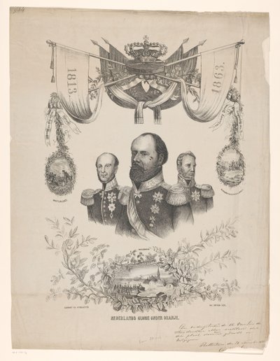Turuncu altında Kral William I, II ve III Hollanda zafer portreleri ile Hollanda 50. yıl dönümü vesilesiyle hatıra plaketi (nesne üzerinde başlık) by Anonymous