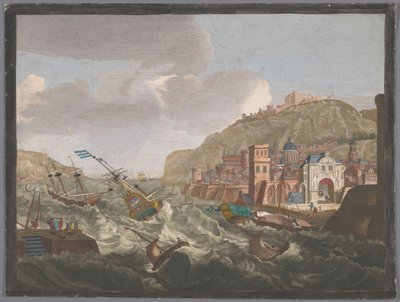 Azgın sularda gemiler ve teknelerle bir güney limanının görünümü Vue d'un port de la Méditerrannée (nesnedeki başlık) by Anonymous