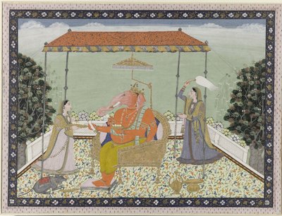 Tanrı Ganesa (Ganapati), iki hizmetçisi Siddhi ve Buddhi ile bir kirişin altına oturmuş fil hortumu ile by Anonymous