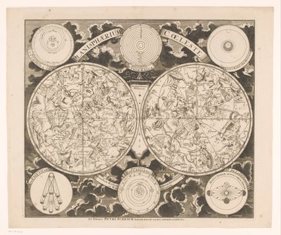 Kuzey ve güney takımyıldızlarını gösteren gökyüzü haritası Planisphaerium coeleste (nesne üzerindeki başlık) by Anonymous
