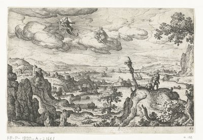 Arabasında Jüpiter ve başka bir Tanrı Mitolojik ve İncil sahneleri içeren manzaralar (dizi adı) by Anonymous