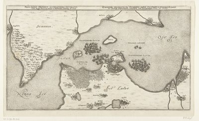 Kaart van de zeeslag tussen de Zweedse en Deense vloten in de Belt, 1644 Orsundt