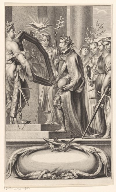 King, Adalet ve İnanç tarafından bir aynaya tutuluyor Başlık sayfası: Petrus Belluga ve Camillo Borello, Speculum principum, 1655 by Anonymous