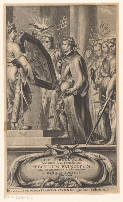 King, Adalet ve İnanç tarafından bir aynaya tutuluyor Başlık sayfası: Petrus Belluga ve Camillo Borello, Speculum principum, 1655 by Anonymous