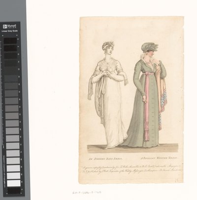 La Belle Assemblée, 1 Mart 1807, No. 14: Bir gece elbisesi / Parisli bir kış elbisesi by Anonymous