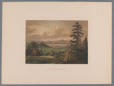Arka planda Shimabara körfezi ve Unzen yanardağı ile manzara Le golfe de Simabara et le volcan Undjing (nesne üzerindeki başlık) Hatıra du Japon vues d'après nature avec texte par le comte de Lijnden (nesne üzerinde seri başlığı) by Anonymous