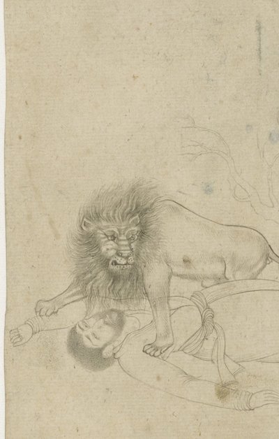 bir adama saldıran aslan by Anonymous